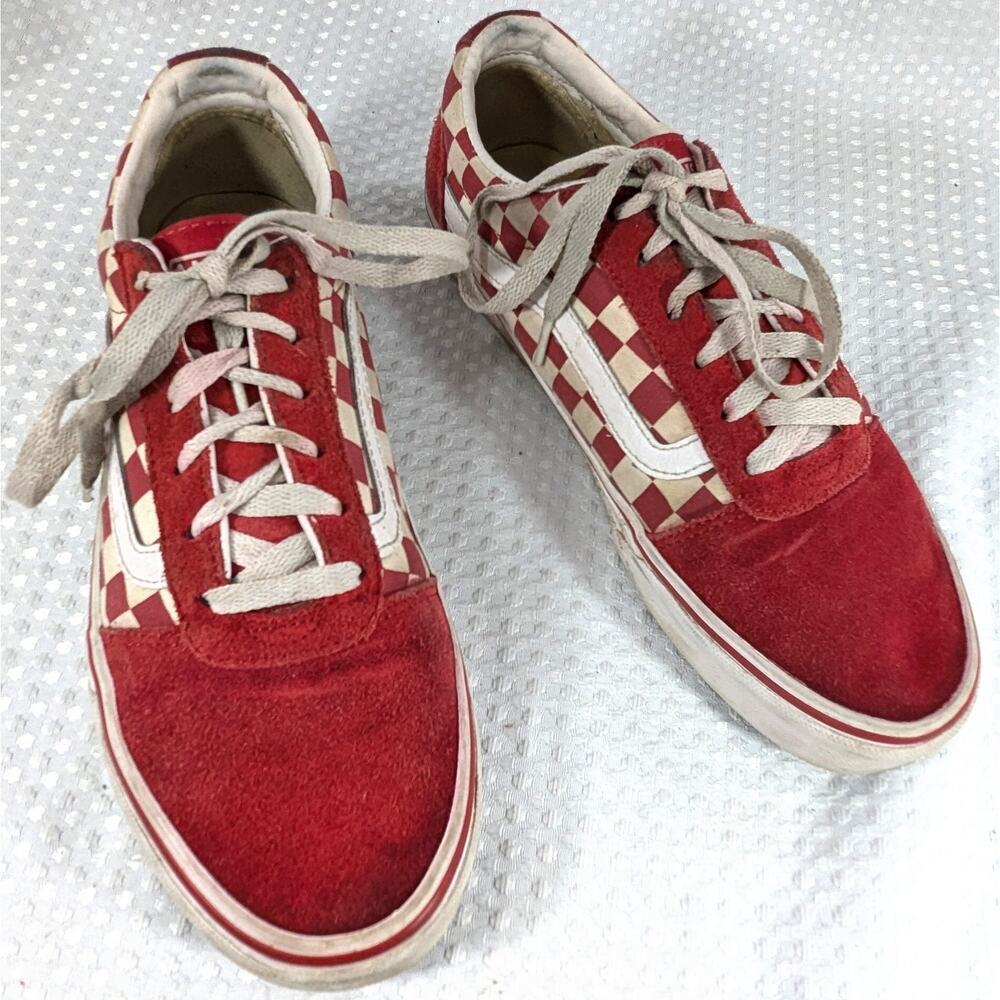 VANS! RACY RED GENUINE SUEDE LEATHER & CHECKERBOARD CANVAS SNEAKERS! SZ 8.5